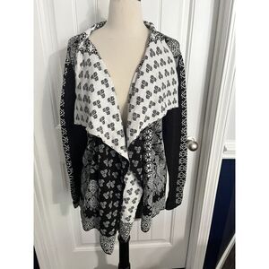 Lucky Brand Womens Cardigan Sweater Size Medium Black White Waterfall Open Front